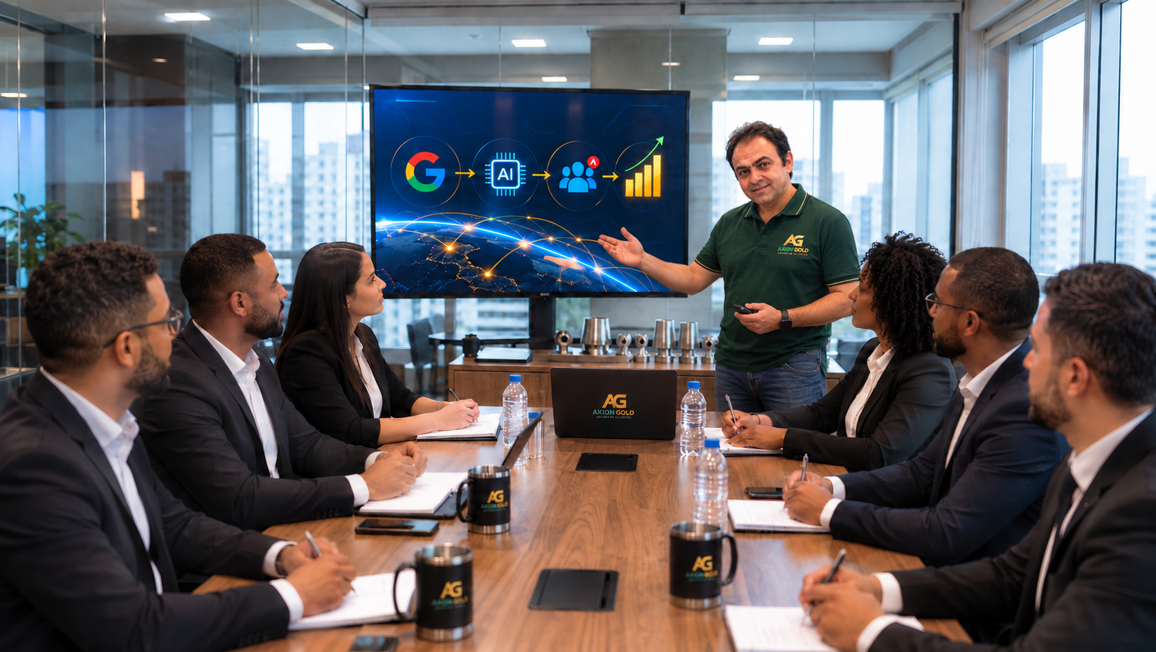 Sérgio Anjos Pereira apresentando a estratégia da Axion Gold em uma reunião empresarial